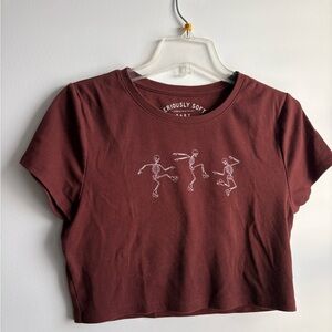 Brown Cropped Tee with Skeleton Graphic